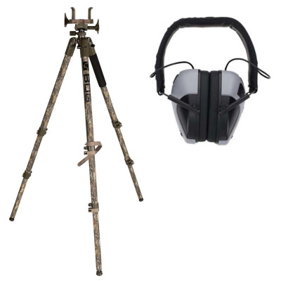 Bog-Pod DeathGrip Aluminum Shooting Tripod RealTree Excape - With e-Max Pro Electronic Muffs